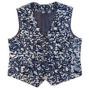 VTG Unique Batik Print Vest Women's Sleeveless V Neck Button Front Blue White‎